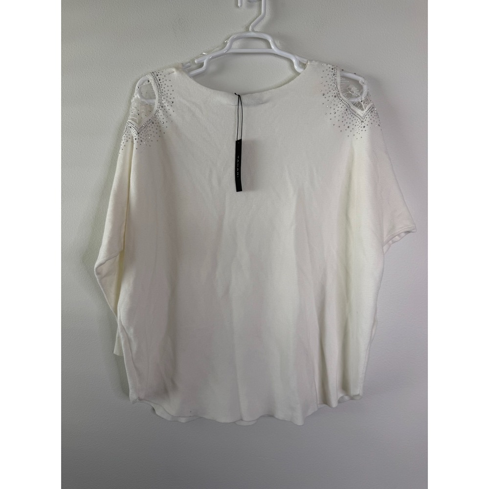 Tahari Ivory Lace Cutout Rhinestone Knit Top Plus Size 2X Ivory Long Sleeve Chic - Picture 3 of 10